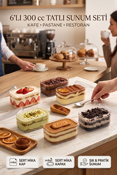 Brellint 6 Adet Mika Tiramisu Cup 300 cc Şeffaf Kapaklı Porsiyonluk Tatlı Sal...