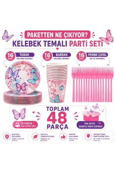 BKMC PARTY Kelebek Doğum Günü Seti | 8 16 Kişilik Parti Sofra Seti | Tabak + ...