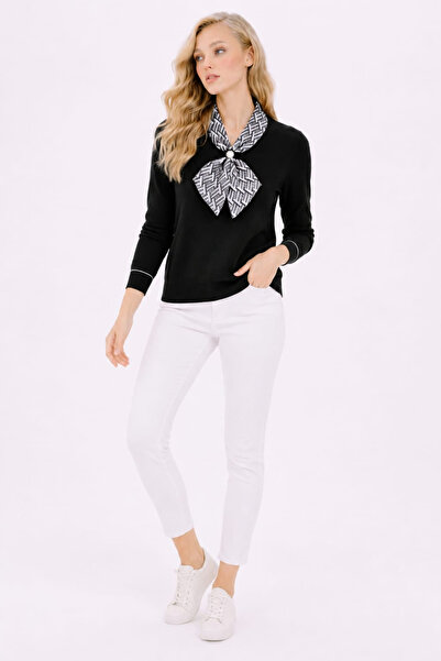 EMR Online Women's Black Knitwear Sweater with Scarf Detail, Crew Neck, Long ...
