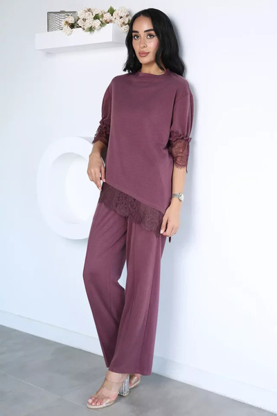 TOZLU Lace Detailed Blouse Trousers Kubra Modal Double Set