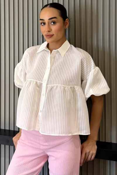 TOZLU Women's Balloon Sleeve Gathered Shirt