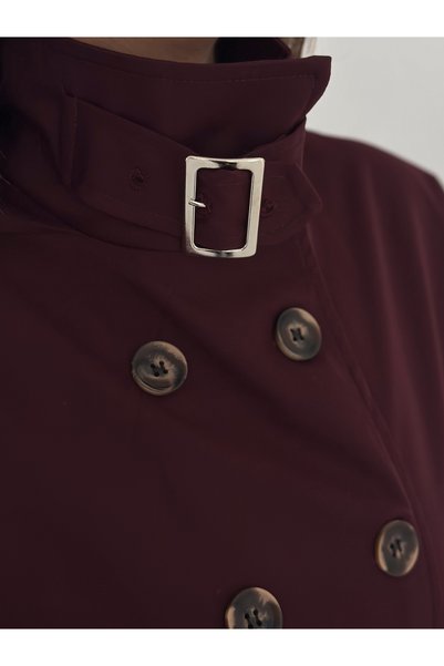 Bella Breeze Women's Stand Collar Belt Buckle Double Breasted Short Trench Coat