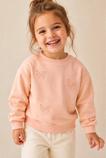 BENBİLGE Girl's 3 Thread Yarn Ribbon Bow Appliqué Sweatshirt Pink Crew Neck L...