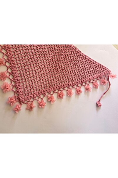 El Örgüsü Pudra Pembe Kadın Şal ve Bandana | Çiçek Süslemeli, Ajurlu El Yapımı Üçgen Örtü