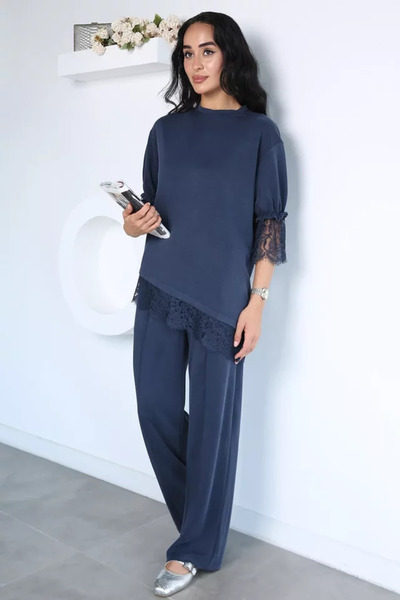 TOZLU Lace Detailed Blouse Trousers Kubra Modal Double Set