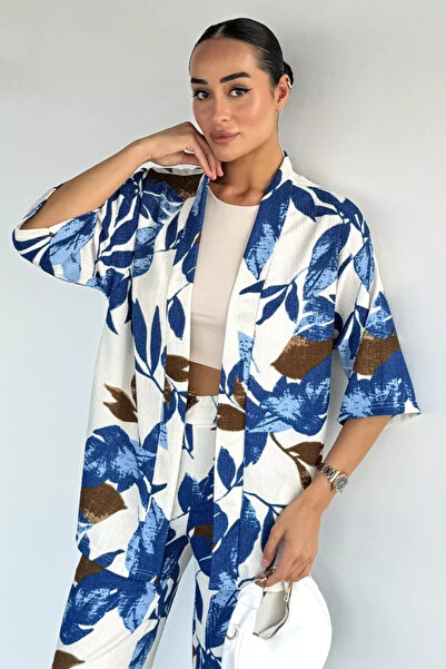 TOZLU Women's Patterned Kimono Pants Double Set