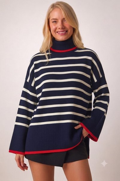 EMR Online Women's Turtleneck Striped Knitwear Sweater Navy Blue Ecru Red Detailed Long Sleeve