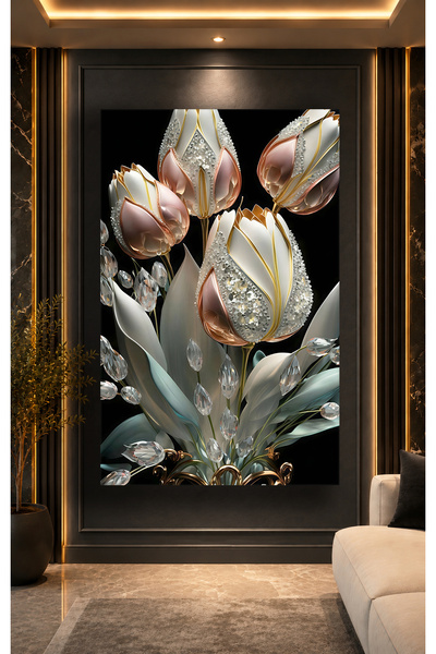 Evnora Home Decor Lüks Çiçek Cam Tablo – Kristal Detaylı Beyaz ve Rose Gold L...