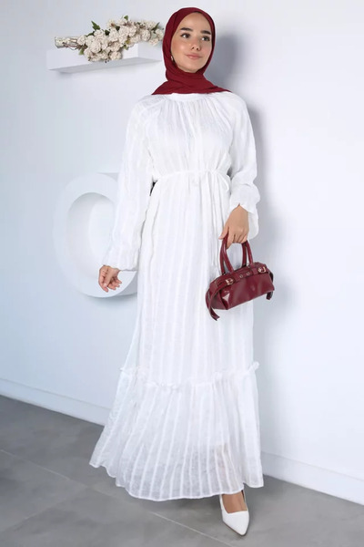 TOZLU Self-Patterned, Belted Hijab Dress with Elasticated Cuffs