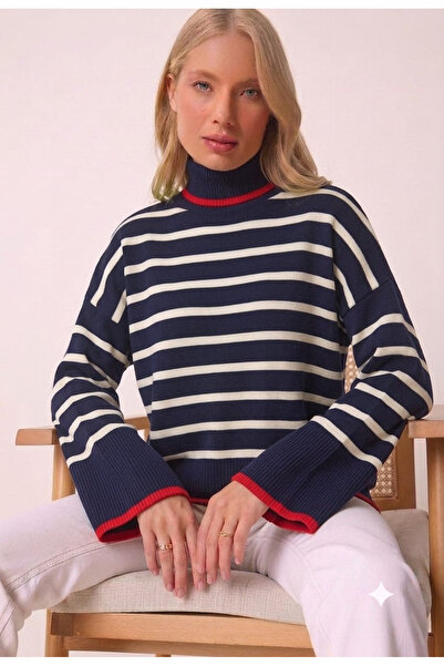 EMR Online Women's Turtleneck Striped Knitwear Sweater Navy Blue Ecru Red Det...