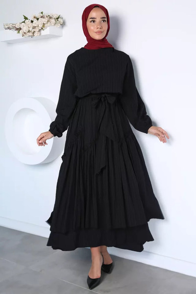 TOZLU Waist Elastic Belted Ruffled Hijab Dress