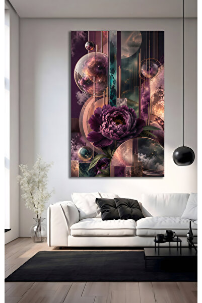 Evnora Home Decor Mor Çiçek Cam Tablo – Soyut Kozmik Evren ve Lüks Çiçek Tasa...