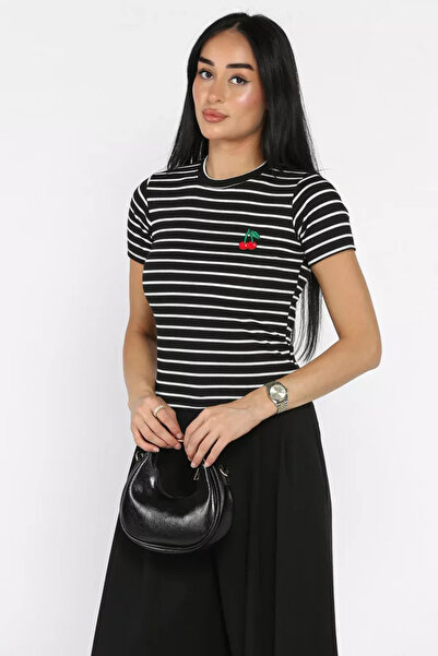 TOZLU Tricou de damă cu decolteu rotund, cu model brodat
