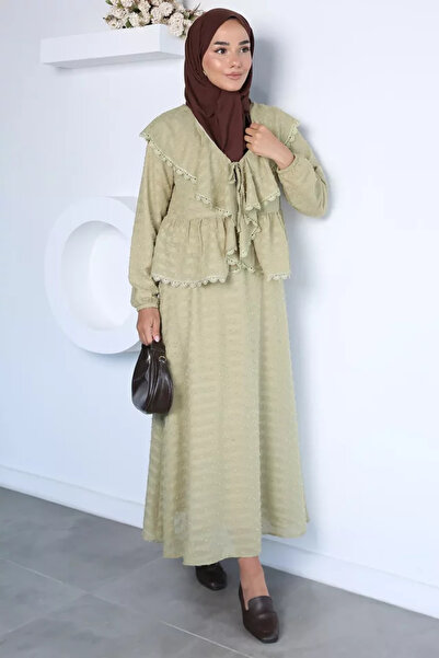 TOZLU Collar Folded Lace Detailed Blouse Skirt Hijab Double Set