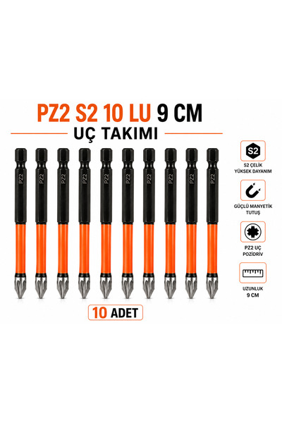 Beyhekim Hırdavat PZ2 S2 9 cm Uzun Vidalama Ucu 10'lu Set Manyetik Pozidriv Ş...