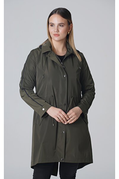 PİNKMARK Women's Khaki Zippered Hooded Short Trench Coat