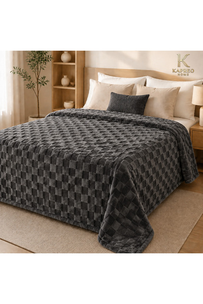 Kapreo Home Fiona Kabartmalı Kare Desenli Peluş Çift Kişilik Battaniye – Yumu...
