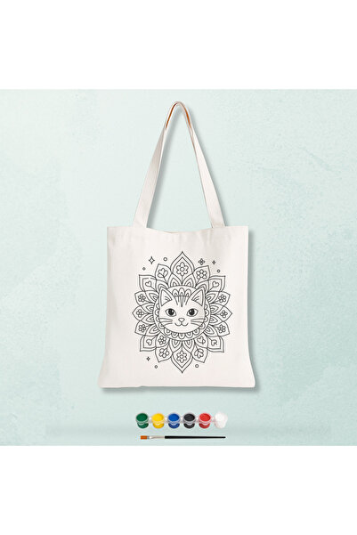 Cemira Mandala Kedi Tasarımlı Akrilik Boyalı Boyanabilir Bez Çanta - Eğitici ...