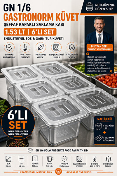 Transformacion 6 ADET GN 1/6 Polikarbonat Gastronorm Küvet Şeffaf Kapaklı Sak...