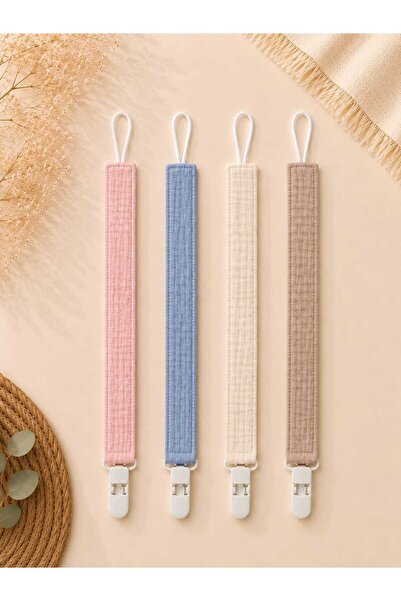3Baby 4 Adet/ 8 Katlı Müslin, Emzik Askısı /Emzik Tutucu / Plastik Klips / Soft Renk