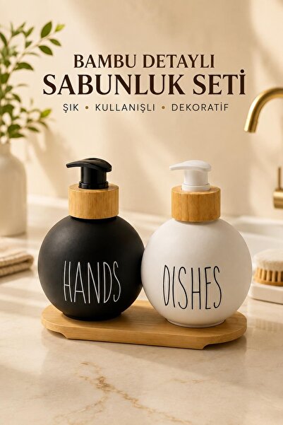 Kitchen Beauty 2’li Modern Yuvarlak Mat Sabunluk Seti Bambu Tepsili Sıvı Sabu...