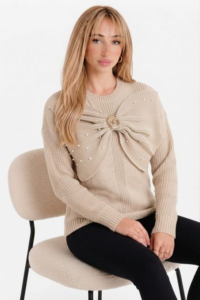 EMR Online Women's Beige Knitwear Sweater with Brooch Detail and Bow Design, Crew Neck, Long Sleeve, Stylish Knitted Sweater
