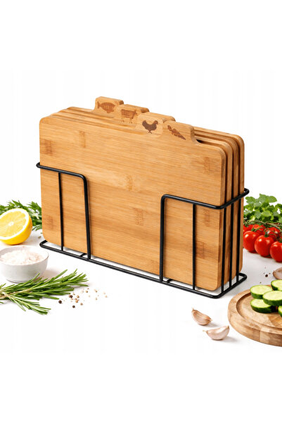 TnsAround Set of 4 bamboo cutting boards with metal stand, for fish, meat, po...
