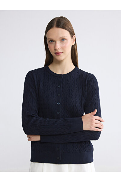 LC Waikiki Lcw Modest Navy Blue Hair Braid Patterned Women's Knitwear Cardigan