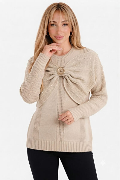 EMR Online Women's Beige Knitwear Sweater with Brooch Detail and Bow Design, ...