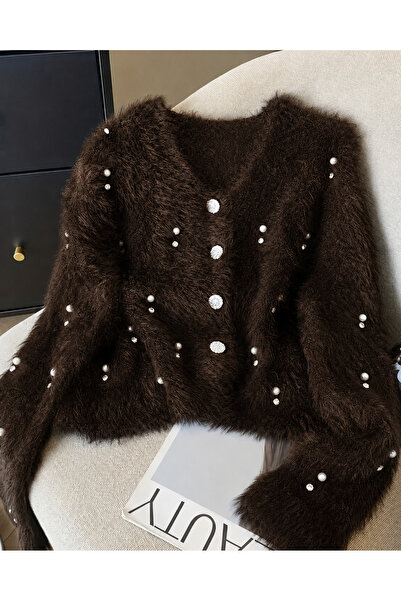 Elysira Women's Pearl and Stone Soft Fuzzy Basic V-Neck Basic Knitwear Cardigan