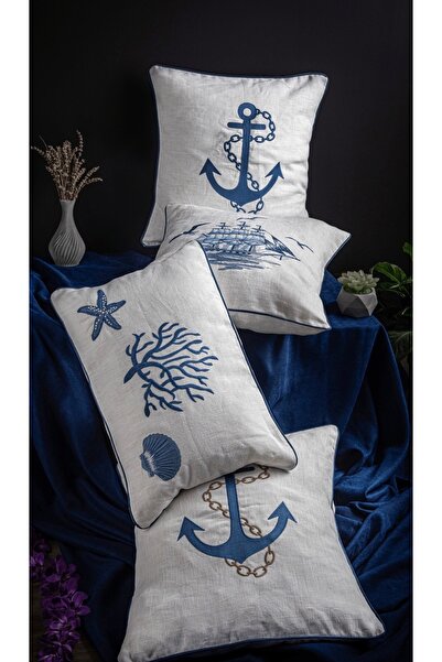 İK TEKSTİL Riviera Marin Embroidered 4-Piece Throw Pillow Set