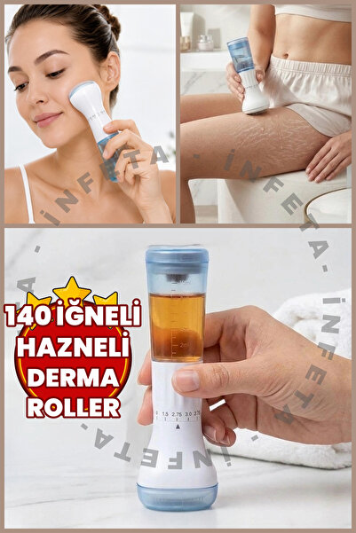 İnfeta 140 İğneli Serum Hazneli Dermaroller 0-3 mm Ayarlı Saç Cilt ve Vücut M...