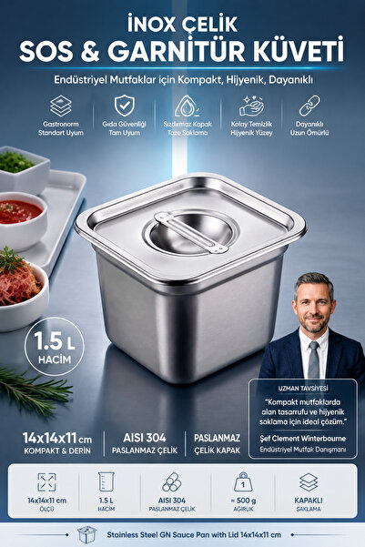 Transformacion inox Çelik Gastronorm Sos ve Garnitür Küveti 14x14x11 cm Pasla...
