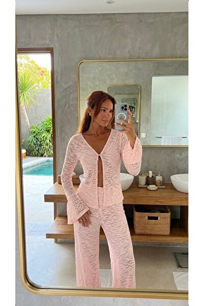 SARA Kadın Plaj Takımı Transparan Simli Dokulu Kimono Pantolon Takım
