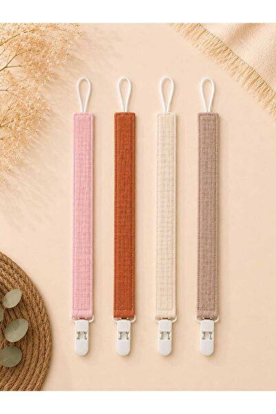 3Baby 4 Adet/ 8 Katlı Müslin, Emzik Tutucu / Emzik Askısı / Plastik Klips / Soft Renkler