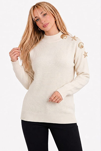 EMR Online Women's Ecru Turtleneck Knitwear Sweater Starfish Seashell Detaile...