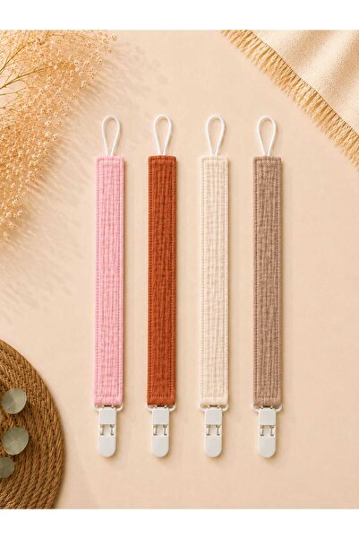 3Baby 4 Adet/ 8 Katlı Müslin, Emzik Tutucu / Emzik Askısı / Plastik Klips / Soft Renkler