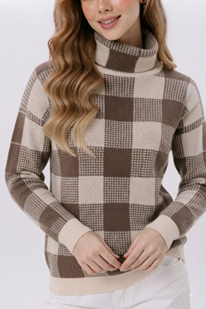 EMR Online Women's Turtleneck Ecru Brown Checkered Patterned Knitwear Sweater...