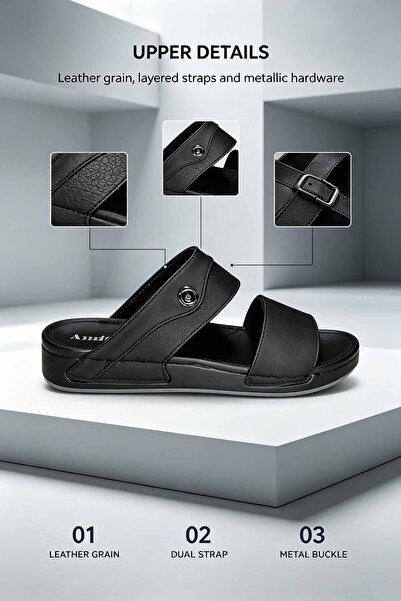 Khatwat Rijal Men Comfort Supportive Leather Slide Slippers, Dual‑Strap Arabi...