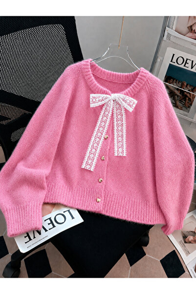 Elysira Women's Bow Lace Soft Heart Button Basic Knitwear Cardigan
