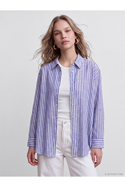 LC Waikiki Özmarka New Season Blue Striped Oversize Poplin Women's Shirt