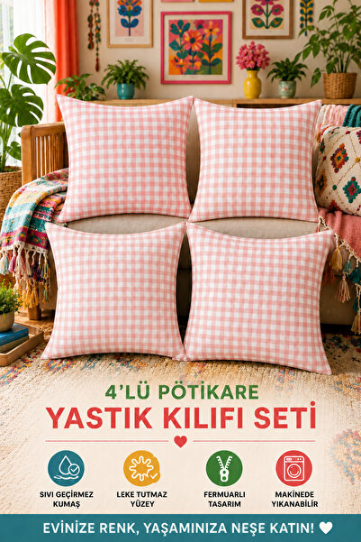 Soft Kare Set of 4 Colorful Gingham Cushion Covers 43X43 cm – Liquid-Proof an...