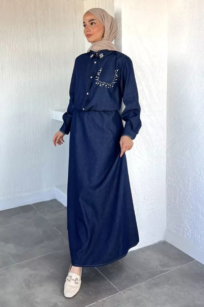 TOZLU Elastic Waist Skirt, Stone Embroidered Shirt, Hijab, Two-Piece Set
