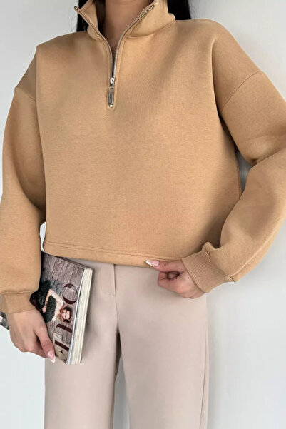 TOZLU Gülseli Women's Polo Collar Half-Zipper Embroidered Sweatshirt