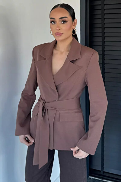 TOZLU Women's Double-Breasted Collared Belted Blazer Jacket
