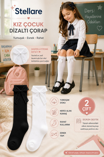 stellare Kız Çocuk Siyah Ve Beyaz Dizaltı Çorap 2 Çift - Fiyonklu Dantelli Ok...
