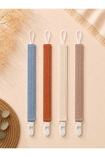 3Baby 4 Adet Emzik Askısı /Emzik Tutucu / 8 Katlı Müslin, Plastik Klips, Soft Renk