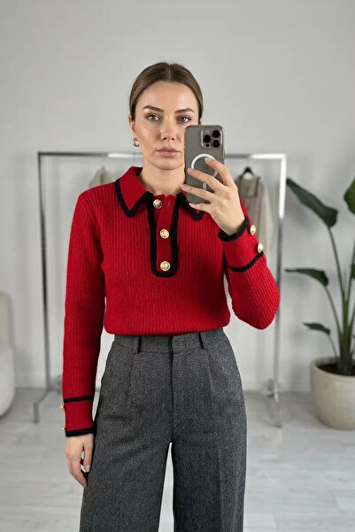 TOZLU Gülseli Shirt Collar Buttoned Knitwear Sweater