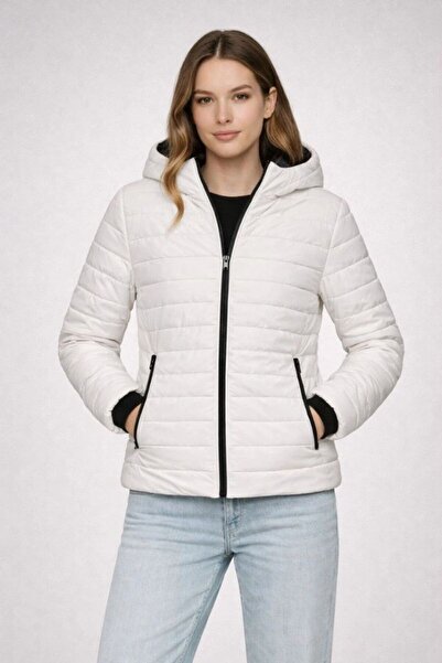 VELİZADE New Season Women's White Hooded Zippered Water-Repellent Inflatable ...