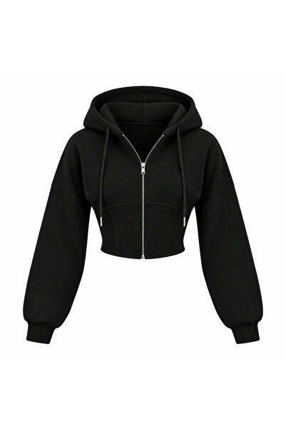 EVOA Women's Black Oversize Hooded Crop Cardigan